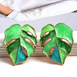 Monstera Tropical leaf earrings enamel boho chic bohemian